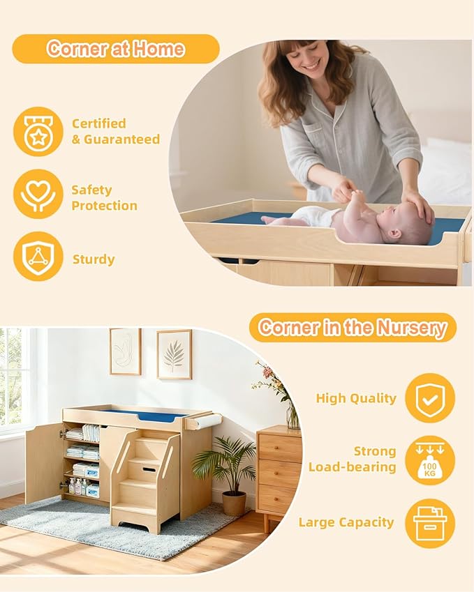 Wooden Baby Changing Table with Stairs & Storage, 100% Birch Plywood Toddler Diaper Changing Station with Tissue Holder, Montessori Furniture for Daycare, Nursery, Home, School