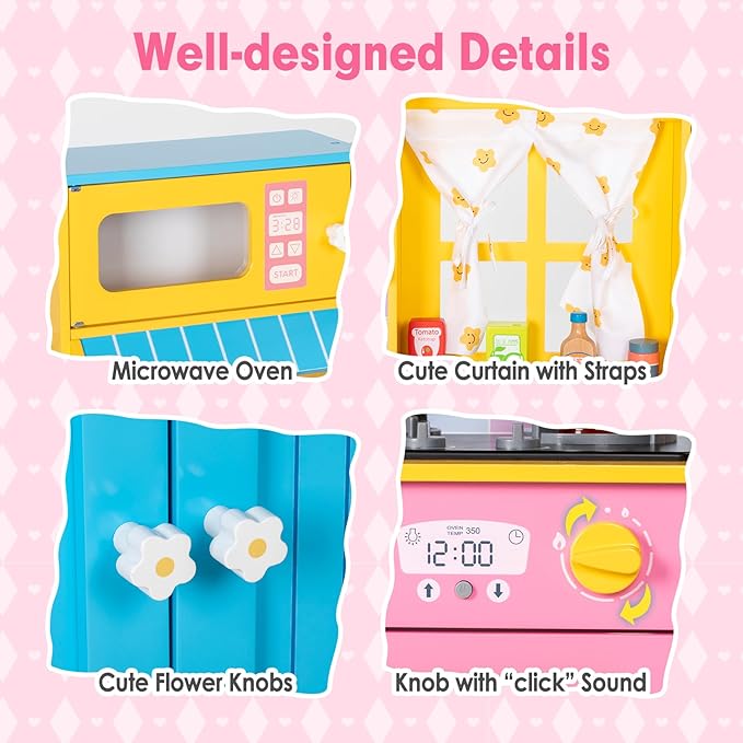 Kids Kitchen Playset, Wooden Pretend Play Kitchen for Kids w/Faucet, Sink, Stove, Oven, Curtains, Cookware, Storage Cabinets, Toddler Role Play Toy Kitchen Set Gift for Girls Boys Ages 3+