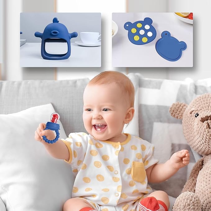 Baby Fruit Feeder & Breastmilk Popsicle Mold Set – 3 Pack Silicone Teething Relief Kit with Food Feeder Pacifier, Freezer Tray with Lid & Baby Teether Toy (Steel Blue)
