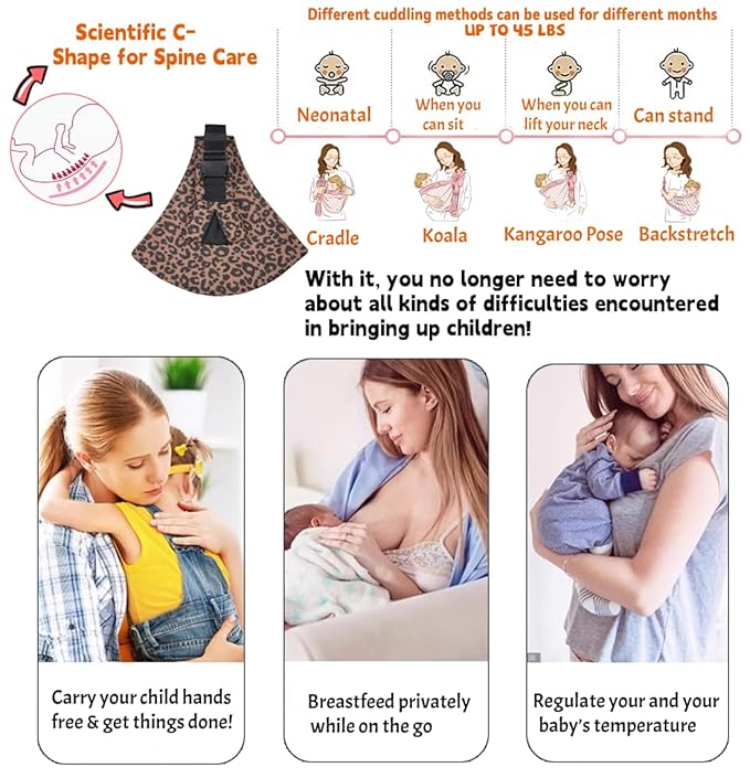 Baby Sling Carrier Adjustable Baby Sling 2025 Upgraded Toddler Sling Comfortable Baby Wrap Carriers Ergonomic-Designed, Travel Friendly Carrying 10-45 LbsLeopard