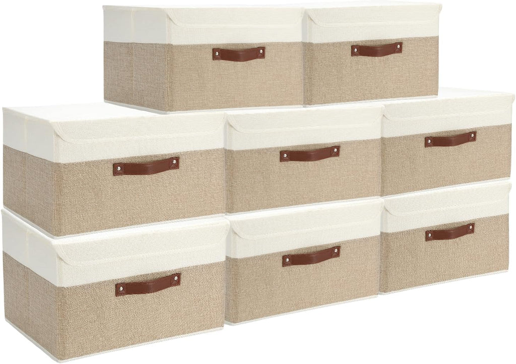 8 Pack Decorative Storage Bins Containers Fabric Bins with Lids Storage Baskets Bulk for Shelves Drawers, Desktop, Closet, Playroom, Classroom, Office, Bedroom, (15INx10INx10IN, Beige/White)