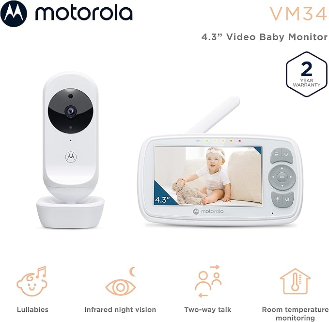 Motorola Nursery Baby Monitor Long Range with Camera and Audio, 4.3" Screen, 2-Way Audio VM34, No WiFi Needed, Manual Tilt/Pan, Digital Zoom, Lullabies, Temperature Sensor