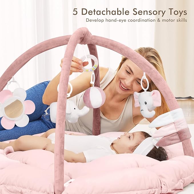 ANGELBLISS 5 in 1 Baby Play Gym Mat, Reversible Tummy Time Mat with 5 Sensory Toys for Stage-Based Developmental, Thick & Large Baby Activity Center from Newborn to Toddler (Purple)