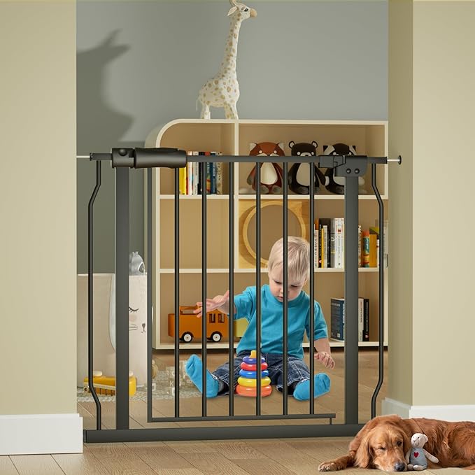 Narrow Baby Gates for Stairs Doorways Auto Close Tension Black Metal Child Pet Safety Gates with Pressure Mount 29-34 Inch Wide