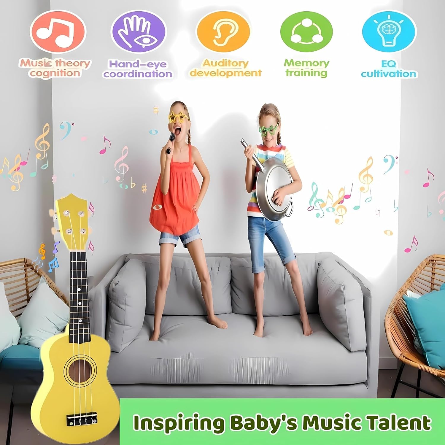 21 Inch Wooden Kids Toddler Child Children Acoustic Guitar Musical Instruments Ideal for 3-9 Year Old Boys Girls Gifts (Yellow)