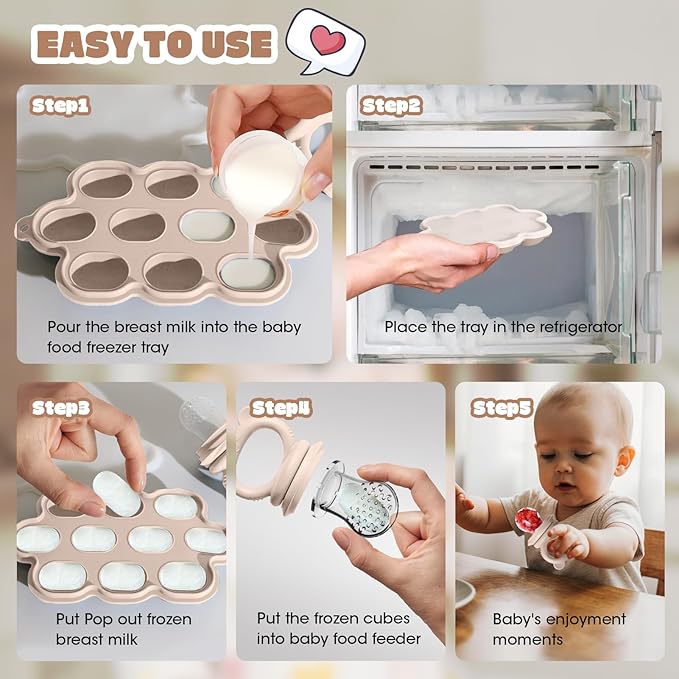 Baby Fruit Food Feeder & Breastmilk Popsicle Molds for Teething Relief, Baby Feeding Sets, 1 Freezer Tray with Lid & 1 Teether Toy & 1 Silicone Teething Pacifier Feeder, Extra Food Pouches (Beige)