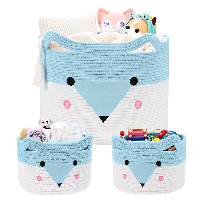 Large Baby Basket Toy Storage 3 Pack, (20"x13.8") Woven Baby Laundry Basket Blanket Basket, Stuffed Animal Storage, Baby Gift Basket Empty, Toy Basket for Kids, Dog, Cat.