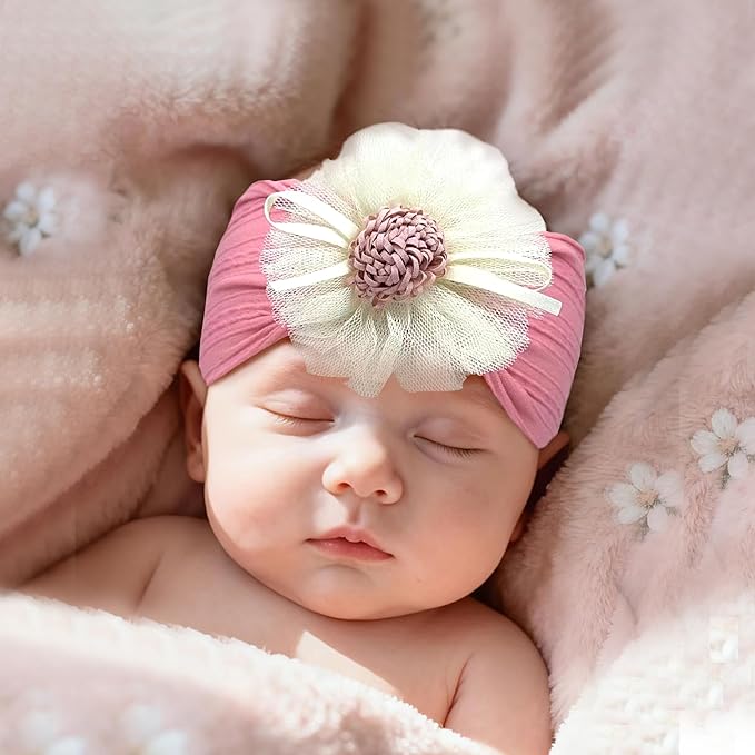 Baby Girls Sunflower Headbands, 3 Pack Baby Hairband Hair Bows Lace and Stretchy Elastic Accessory for Newborn Infants Toddlers (Brown+Dark Blue+Candy Pink, One Size(Stretchy))