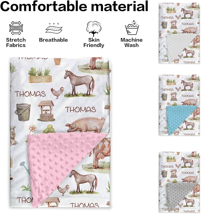 Personalized Baby Blankets for Boys Girls, Custom Name Farm Animals Pattern Baby Blanket, Soft Minky Dot Blanket for Newborns and Toddlers, Ideal for Baby Showers Christmas Brithday Gifts