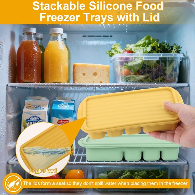 Palksky Silicone Freezer Tray with Lid, Silicone Freezer molds Dual-Size (30/40ml & 70/90ml) Leakproof Individual Seal Rings for Puree, Breast Milk & Homemade Meals (Blue Green Yellow)