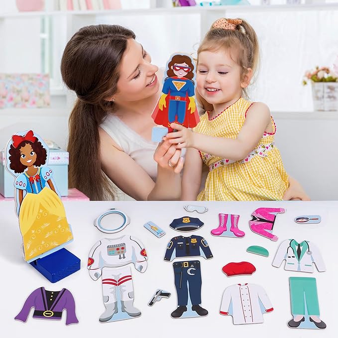 Atoylink Wooden Magnetic Dress up Dolls for Girls Pretend Play Set, Princess/Witch/Occupations Community Helpers Matching Games Fashion Paper Dolls for Toddlers Preschool Learning Toys Gifts