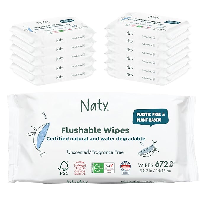 Naty Flushable Toddler & Baby Wet Wipes | Plant-Based, Water-Based for Sensitive Skin | Natural & Unscented Potty Training Wipes | Water-Degradable, Plastic-Free, Fragrance-Free | 672 Count (12 Packs)