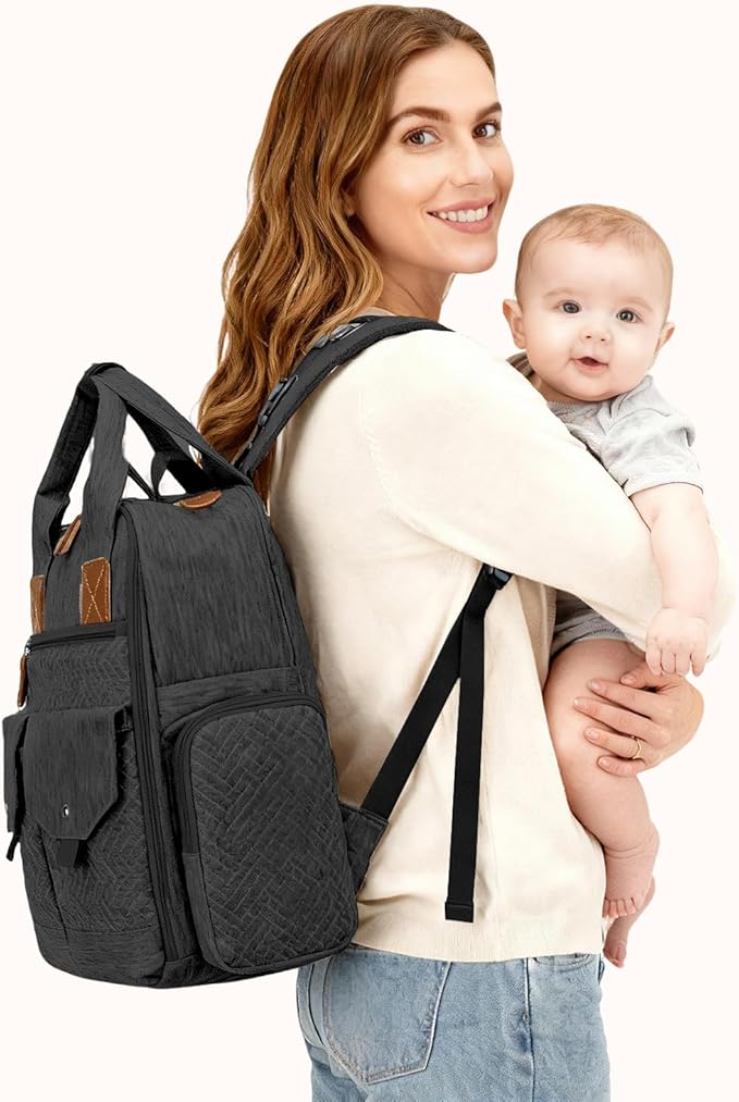 Diaper Bag Backpack - Large Diaper Bag with Portable Changing Pad as Baby Shower Gifts, Lightweight Waterproof Unisex Travel Baby Bag with 4 Insulated Pockets and Stroller Buckles, Black