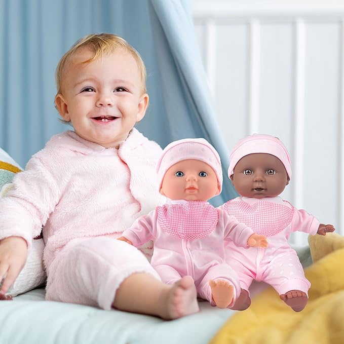 Toy Choi's Twin Baby Dolls - 12 inch Two Soft Body Black and White Doll with Accessoires, Dolls Play Set for 2 3 4 5 Year Old Boys and Girls Gift | Pink Outfit Doll Set