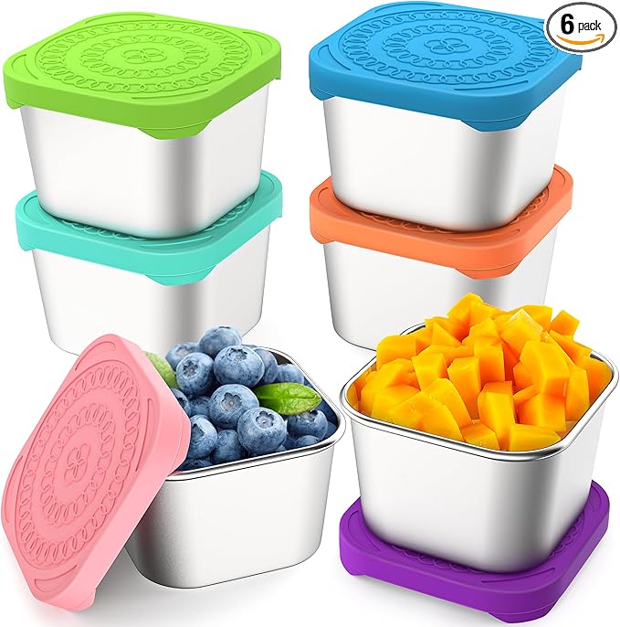 6 Pack 6oz Stainless Steel Snack Containers, Easy Open Leak Proof Stainless Steel Food Storage Containers with Silicone Lids, Small Metal Lunch Box Container for Office, Travel