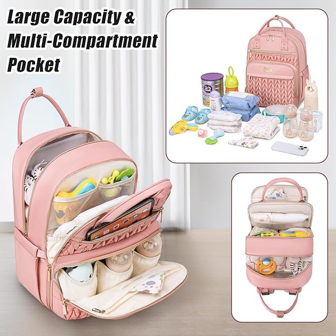 Diaper Bag Backpack,Stylish Baby Diaper Bag,Waterproof Travel Diaper Backpacks Baby Bags with Changing Pad,Stroller Straps,Insulated Pockets (Pink)