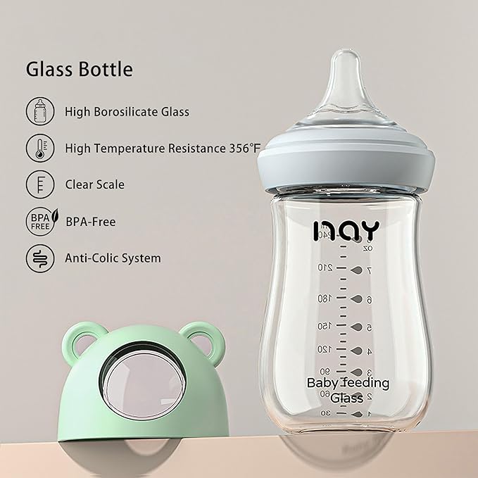 Natural Glass Baby Bottle for Breastfeeding Babies, 8oz Anti-Colic Baby Bottle with Natural Response Nipple(M), Clear, Wide Neck, 2 Pack, 3 Months+