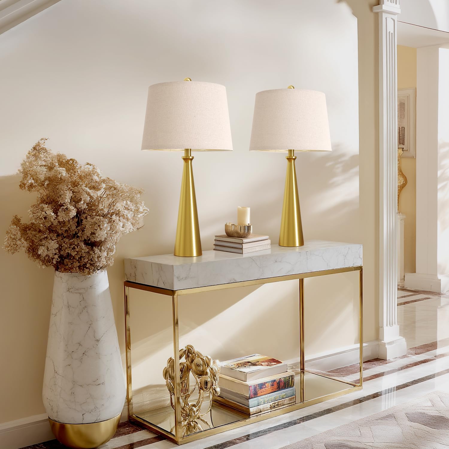 Oneach 25.75" 3-Way Dimmable Touch Control Modern USB Table Lamp Set of 2 for Living Room Bed Room Bedside Nightstand Lamps Fabric Shade Vintage Accent Light Gold Antique Brass