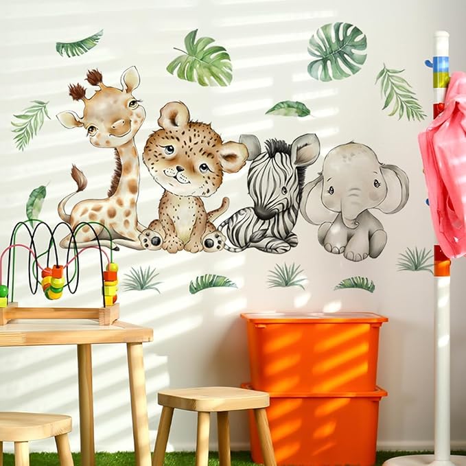 44.88 x22.98 Inch Watercolor Jungle Animal Wall Decals - Tiger, Elephant, Zebra Peel & Stick Wall Art Stickers for Baby Nursery, Playroom, Bedroom, Classroom & Kindergarten Decor