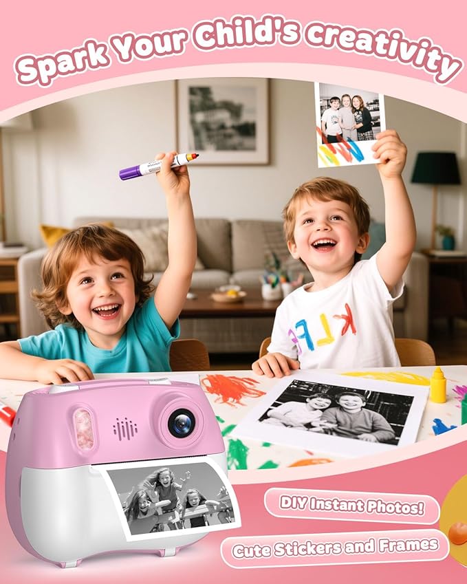 Kids Instant Print Camera Selfie Function - Front Rear Dual Kid Camera with 1080P Video for Girls Ages 3-12, Toddler Portable Travel Print Digital Camera for 3 4 5 6 7 8 9 10 11 12 Year Old Pink