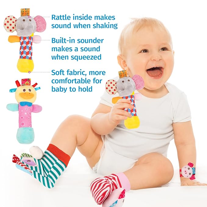 Baby Rattles Toys - Soft Hanging, Handheld & Foot Sock Rattles Set - Plush Stuffed Infant Toys for 0-3, 3-6, 6-12 Months - Newborn Gift