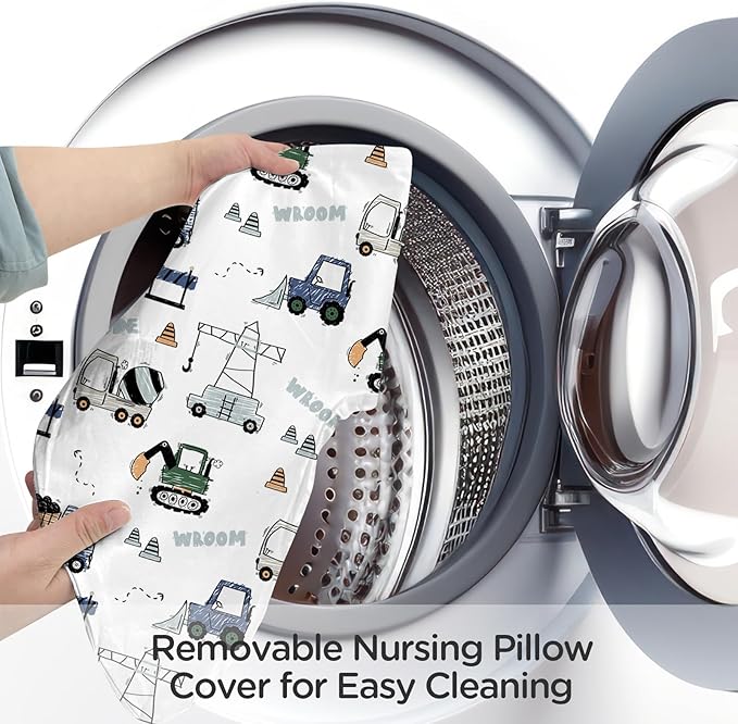 Little Grape Land Nursing Pillow for Infants, Breastfeeding Pillows, Baby Support Pillow for Nursing, Bottle Feeding, Tummy Time with Machine Washable Cover & Breathable Filling (Construction Truck)