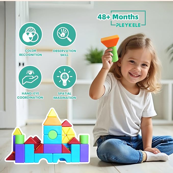 Magnetic Building Blocks in Multiple Shapes, 1.65 Inch Montessori Magnetic Block Set for Kids Ages 4 5 6 and Up, 36PCS Creative Learning Toys for Boys and Girls