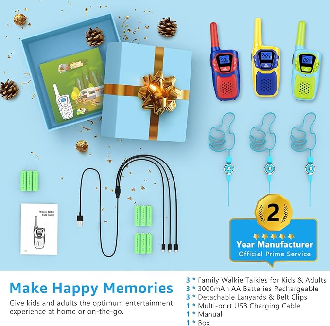 Walkie Talkies for Kids Adults Long Range Rechargeable 3 Pack, FRS 2 Way Radio Toy for 3-12 Year Old Boys Girls Toddlers, Shockproof NOAA Walkie-Talkie 4 Miles for Family Camping Skiing Cruise