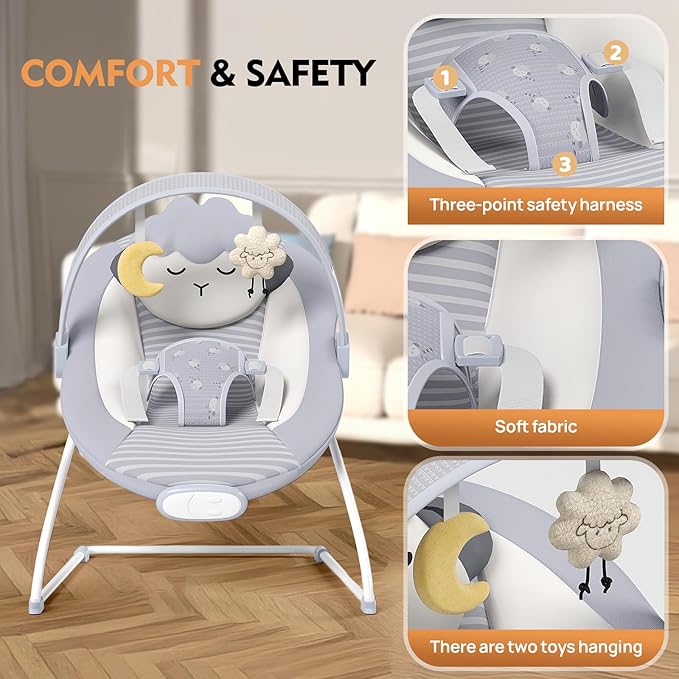 Baby Bouncer Seat, Portable Baby Bouncer, Soothing Vibrations Infant Seat with Music, 0-6 Months 6-20 lbs(Gray)