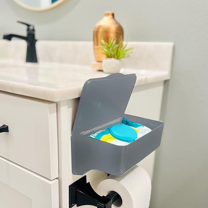 Bathroom Wipes Holder Dispenser with Shelf – Restroom Organizer & Wipe Holder for Bathroom – Tool Free Wall Mounted Baby Wipe Holder by Storage Theory – Gray, 1 Pack