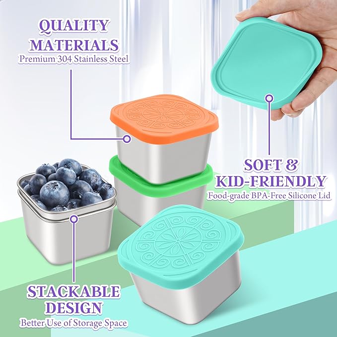 Stainless Steel Snack Containers for Kids,7.2oz Easy Open Leak Proof Reusable Snack Box Container with Lids,Small Lunch Containers for Meal Prep,School,Picnic and Travel-3Pack