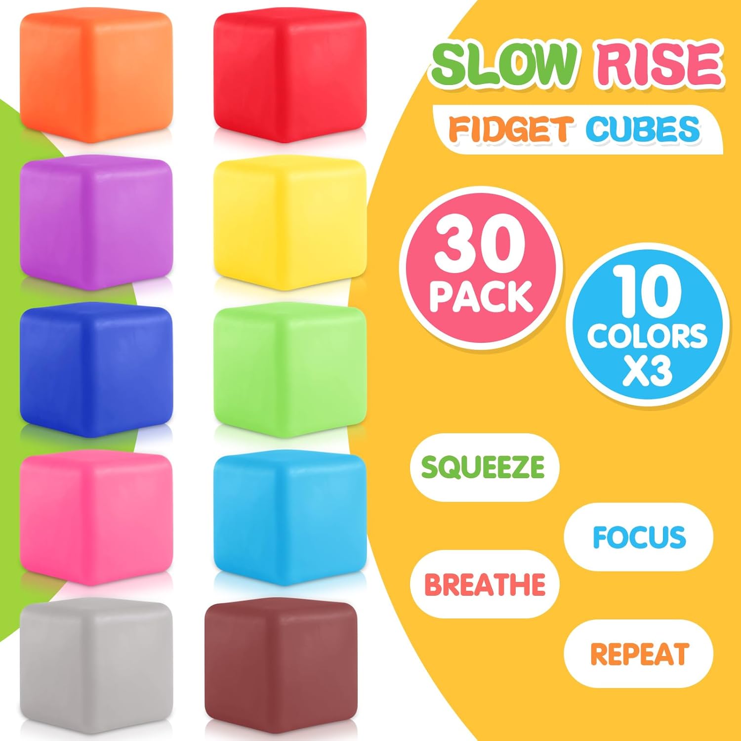 Slow Rising Stress Cube 30 Pack, Square Cube Fidget Ice Cube Stress Balls, Dough Stress Balls Soft Fidget Squishy Toys for Anxiety Relief, Pull Stretch Squishy Toy, Classroom Prize Box Toys