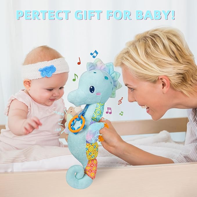Baby Toys 0-6 Months,Infant Musical Seahorse Stuffed Animals Sensory Toys with Bright Colors,Multiple Textures,Rattles & Crinkle Sound Paper,Soft Tummy Time Toy for Newborn Boys Girls 0-12 Months-Blue