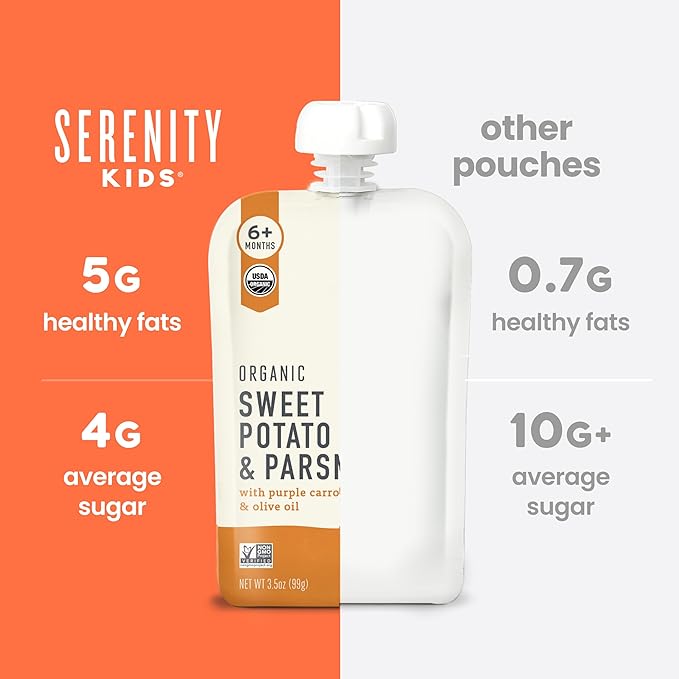 Serenity Kids 6+ Months Baby Food Pouches Veggie Puree - Sweet Potato & Parsnip - BPA-Free & USDA Organic Baby Food - No Added Sugar - Allergen Free - 3.5 Oz, 6 Pack