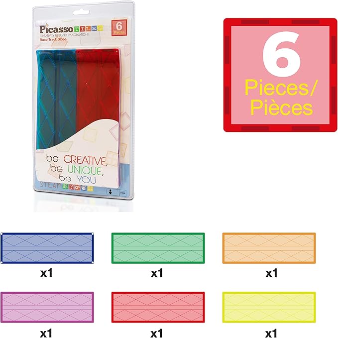 PicassoTiles 6 Piece Magnetic Tiles Race Track Ramp Accessories STEM Building Blocks Toys Magnet Tile Educational Construction Playset Boys Girls Brain Development and Creative Pretend Play Toy PTR06