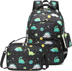mygreen 3PCS Kids Backpack Set - Waterproof Bookbag with Lunch Box for Boys Ages 3-12, Adorable Cartoon Prints for School & Outdoor Use Black Dinosaurs