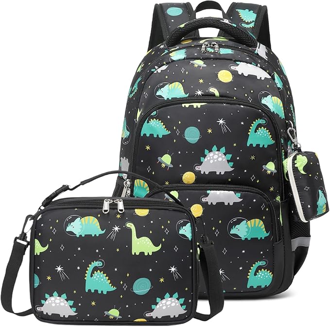mygreen 3PCS Kids Backpack Set - Waterproof Bookbag with Lunch Box for Boys Ages 3-12, Adorable Cartoon Prints for School & Outdoor Use Black Dinosaurs