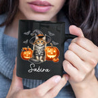 Personalized Maine Coon with Pumpkins Cup for Halloween, Maine Coon Wearing Witch Hat Coffee Mug, Cat Halloween Ceramic Cup 11oz 15oz, Pet Cat Black Mug, Gift for Pet Lover Dad Mom Children