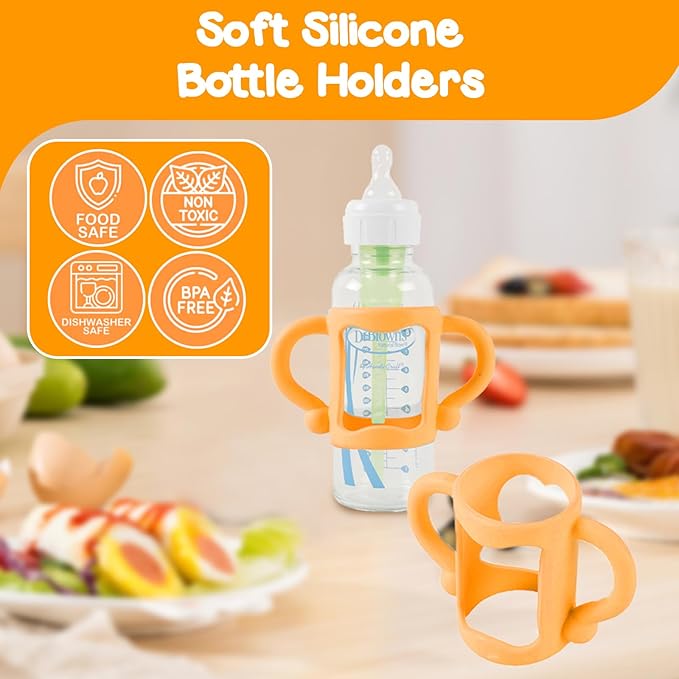 TonGass (4-Pack) Bottle Handles for Dr Brown Narrow Baby Bottles with Easy Grip Handles to Hold Their Own Bottle - BPA-Free Soft Silicone - Red Orange Blue and Green