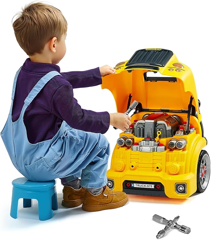 VEVOR Engine Toy, 60 Pieces, Kids Mechanic Car Repair Set with Removable Parts, Lights and Sounds, Steering Wheel and Horn, Kids Mechanic Workshop Set for Toddler Ages 3 Years and Up, Yellow
