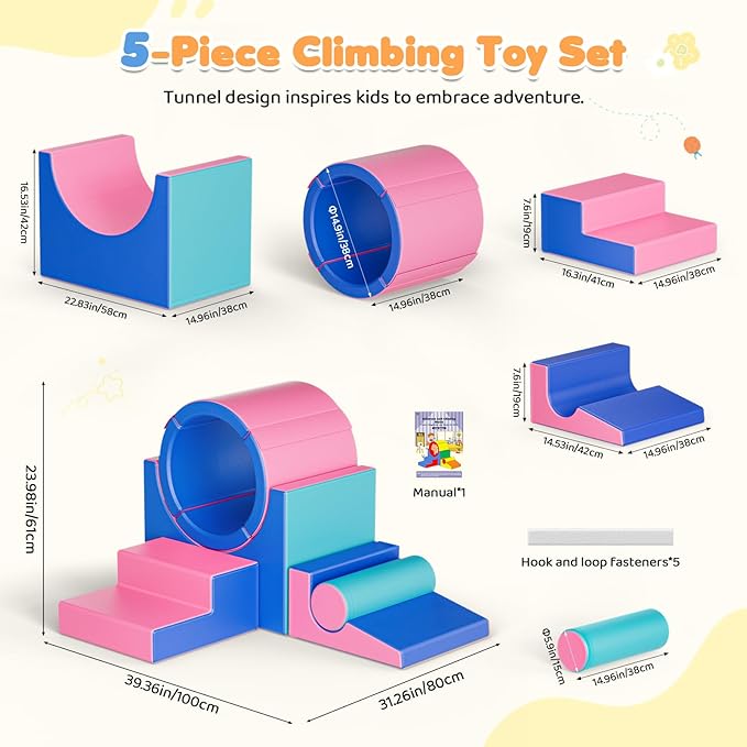 Lischwert Foam Climbing Blocks for Toddlers 1-3, 5pcs Soft Play Set with Tunnel Crawling Exploration Toys, Indoor Infant Safe Blocks for Baby Gym & Toddler Playground - Blue Pink