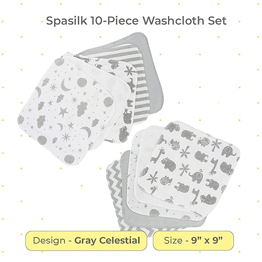 Spasilk Washcloth Wipes Set for Newborn Boys and Girls, Soft Terry Washcloth Set, Pack of 10, Gray Celestial