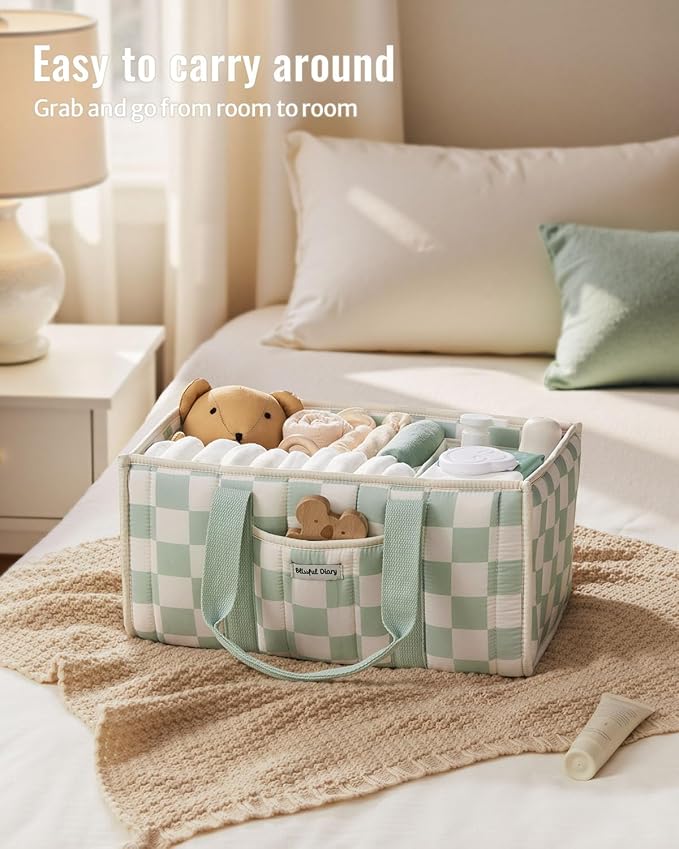 Blissful Diary Checkered Diaper Caddy Organizer, Stylish Nursery Storage Basket, Gift for Baby Shower, Newborn Essentials, Registry Search Must Haves, Sage Green