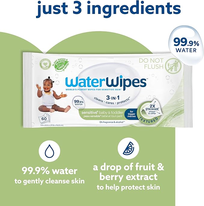 WaterWipes Sensitive+ Baby & Toddler Wipes, 3-In-1 Cleans, Cares, Protects, 99.9% Water, Textured Clean, Unscented & Hypoallergenic, 60 Count (1 Pack)