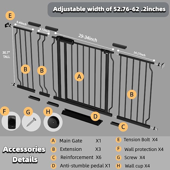 TSAYAWA Extra Wide Baby Gate with Door, 52.76~62.2 Inch Wide Presure Mounted No Drill Metal Auto Close Child Gate for Stair Doorway - Indoor Outdoor Safty Gate for Toddler Dog Doggie, Black