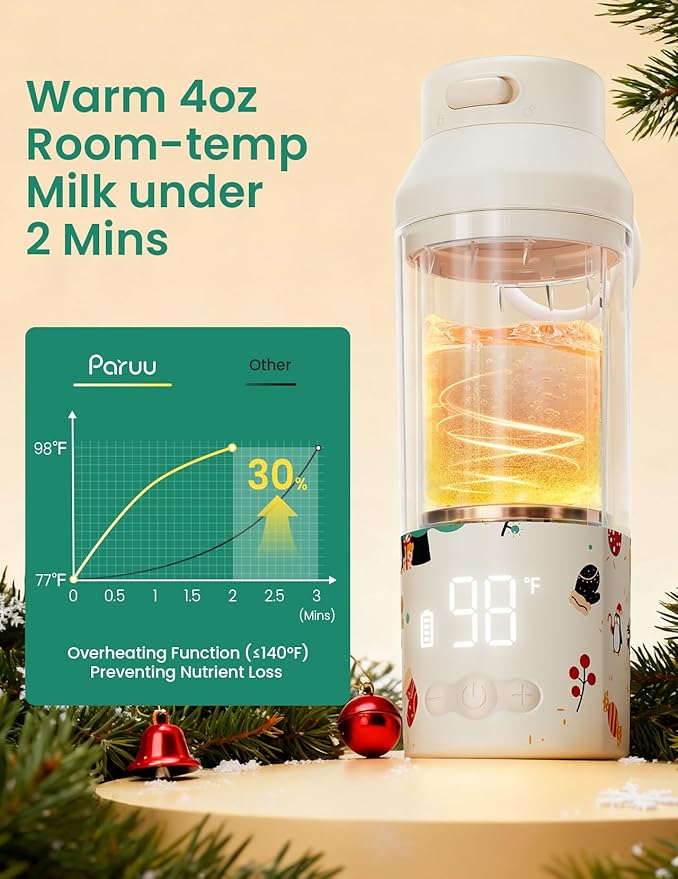 Paruu Portable Bottle Warmer for Travel, Easy-Clean Wide Mouth, Portable Milk Warmer with Fast Heating for Night Feeding, 7-Temp Control, Large 12oz Capacity, Christmas Limited Edition, Beige