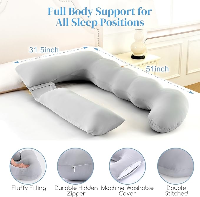 Pregnancy Pillow for Sleeping, U Shaped Full Body Maternity Pillow with Removable Silky Cover, Support for Back,Leg,Belly for Pregnant Women, Side Sleeper,Pain Relief, Ergonomic Soft Cushion,51 Inch