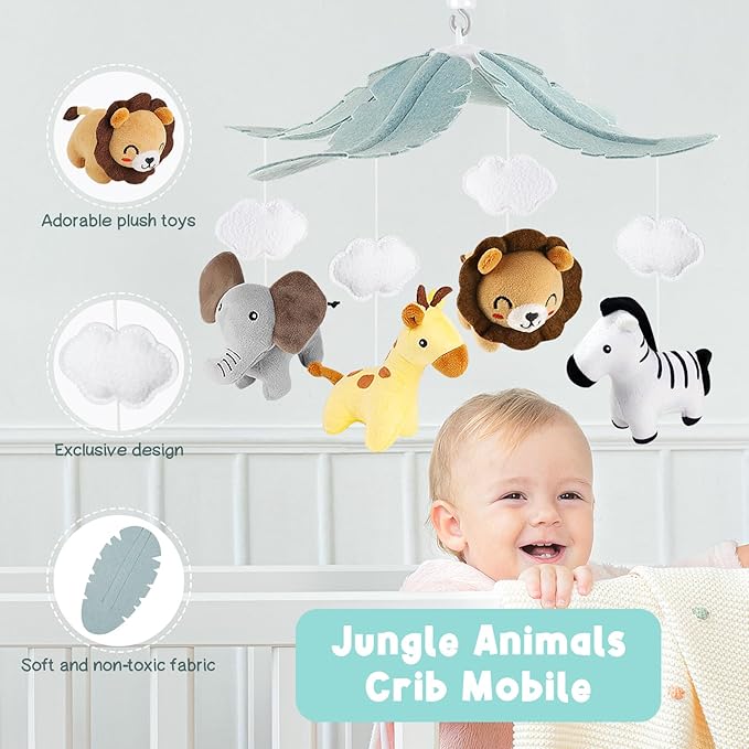Animals Crib Mobile for Boys & Girls - Safari Baby Mobile for Crib with Upgraded 3-Mode Music Box, Nursery Mobiles, Fits Standard Cribs