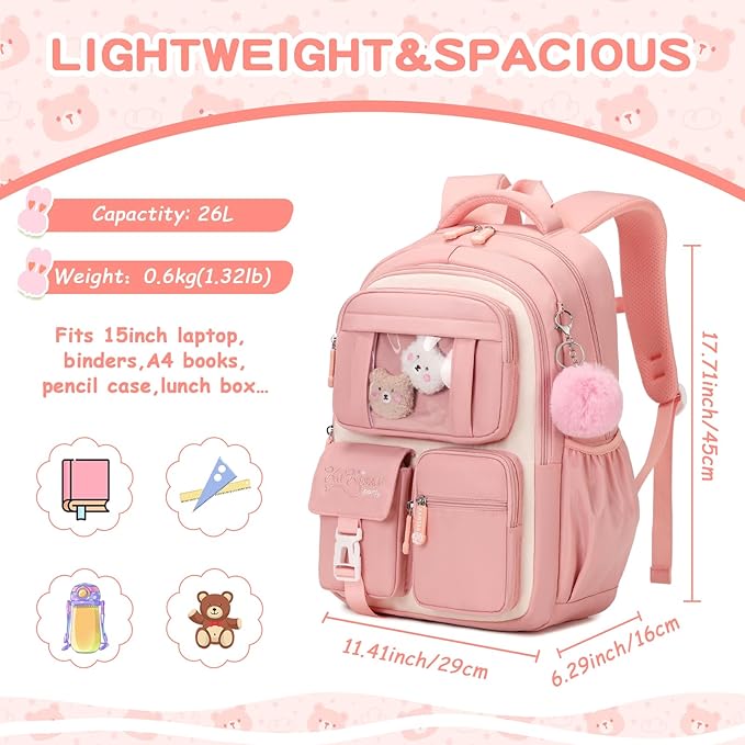 Kids Backpack for Girls School Bags for Middle School Students Book Bag for Elementary Primary Kawaii Ita Backpack, Pink and Beige