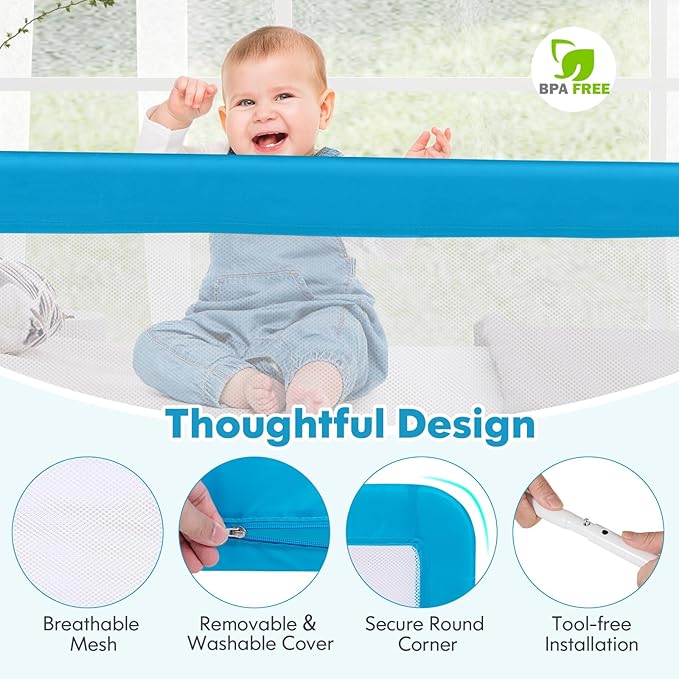 HONEY JOY Bed Rail for Toddlers, 59-in Extra Long, Portable Safety Bed Guardrail w/Double Safety Child Lock, Foldable Baby Bed Rail Guard, Fit King & Queen Full Twin Size Bed Mattress (2 Pack, Blue)